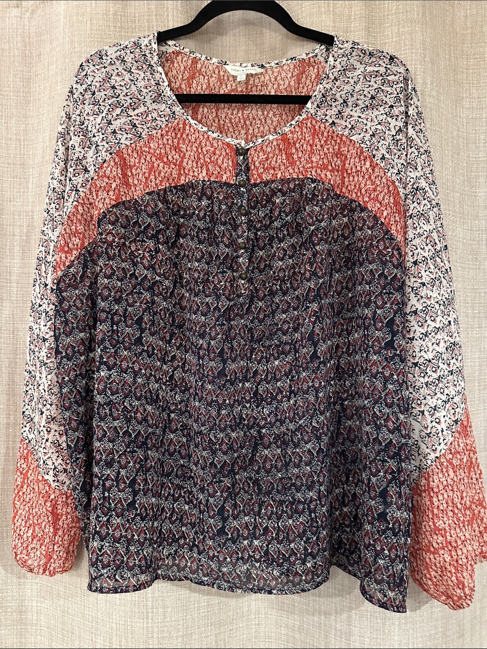 Lucky Brand Lightweight Mixed-Print Popover Top in Coral and Navy